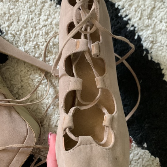 Colin Stuart suede nude lace up peep toe 6 inch heels - Picture 13 of 13